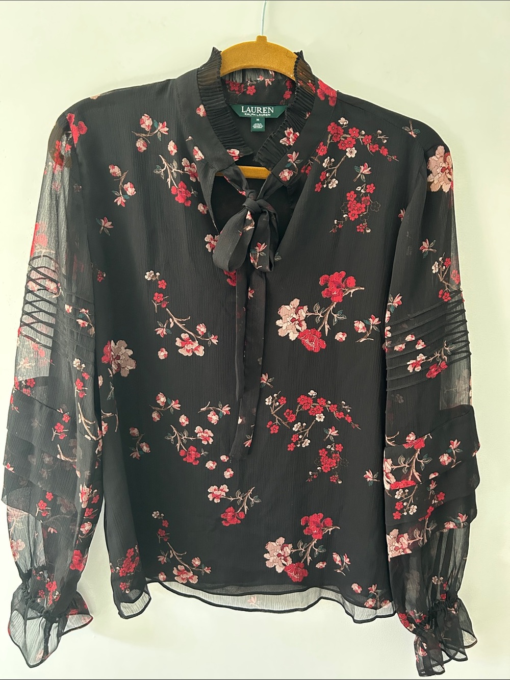 Lauren Ralph Lauren Dark Floral Tie-Neck Chiffon Blouse Dramatic Ruffled Sleeves